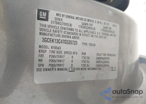 2007 Chevrolet Silverado 1500 Lt1 from USA, damaged, VIN 3GCEK13C47G535723